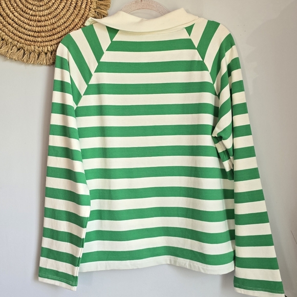 J. Crew Kelly Green Striped Wide Button Collar Rugby Sweatshirt SZ Medium Preppy - Picture 8 of 13